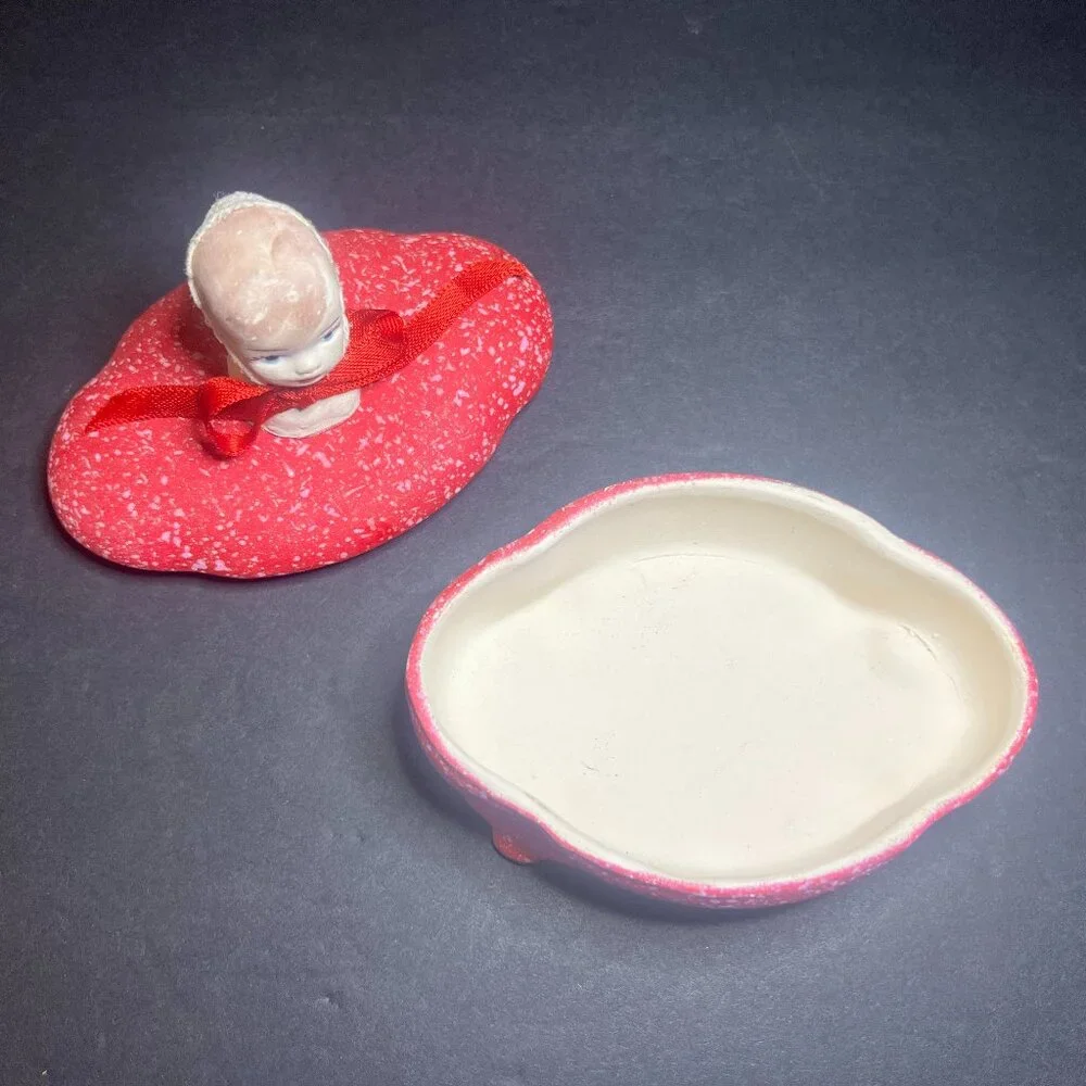 Vintage Unique OOAK Red Art Pottery Ceramic Doll Head Oval Trinket Jewelry Box